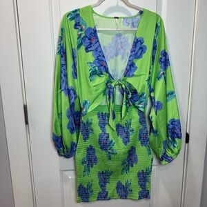 Free People Mini Dress Cassie Dress Lime Blue Size S Summer Dress